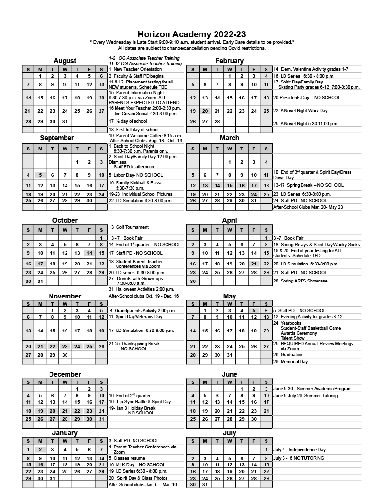 Calendar - Horizon Academy