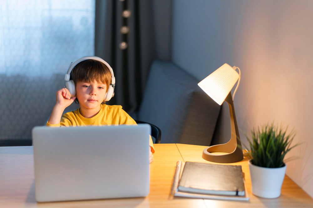 Student using a laptop at a desk during a classroom activity.