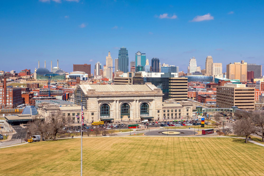 Horizon Academy campus building with the Kansas City skyline in the background.