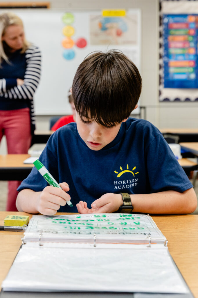 Student completing a classroom worksheet during an independent learning activity.