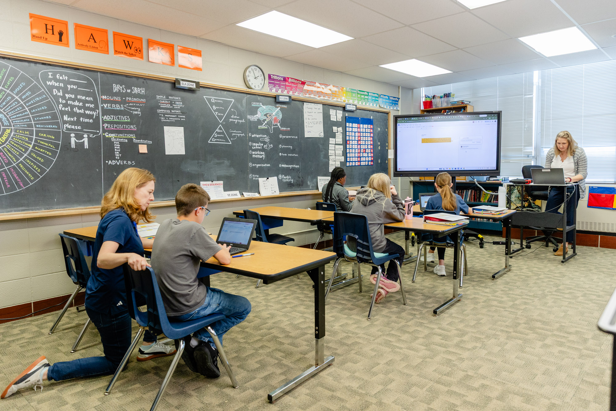 Students participating in a classroom lesson with an interactive display at Horizon Academy.