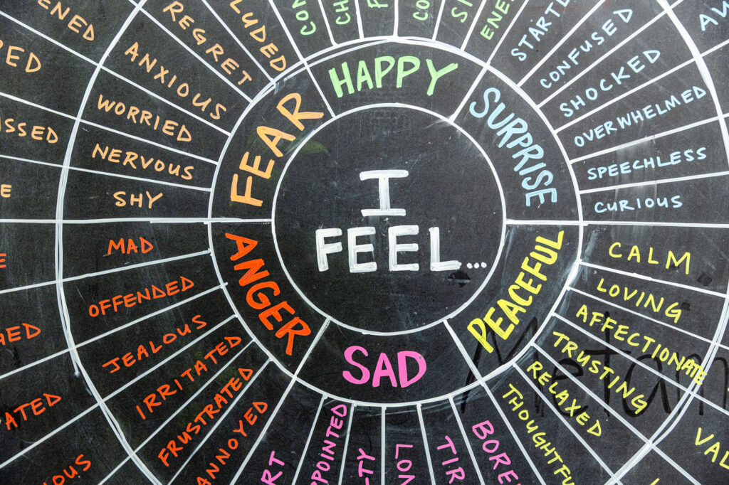 Social-emotional learning chart displaying a range of emotions.