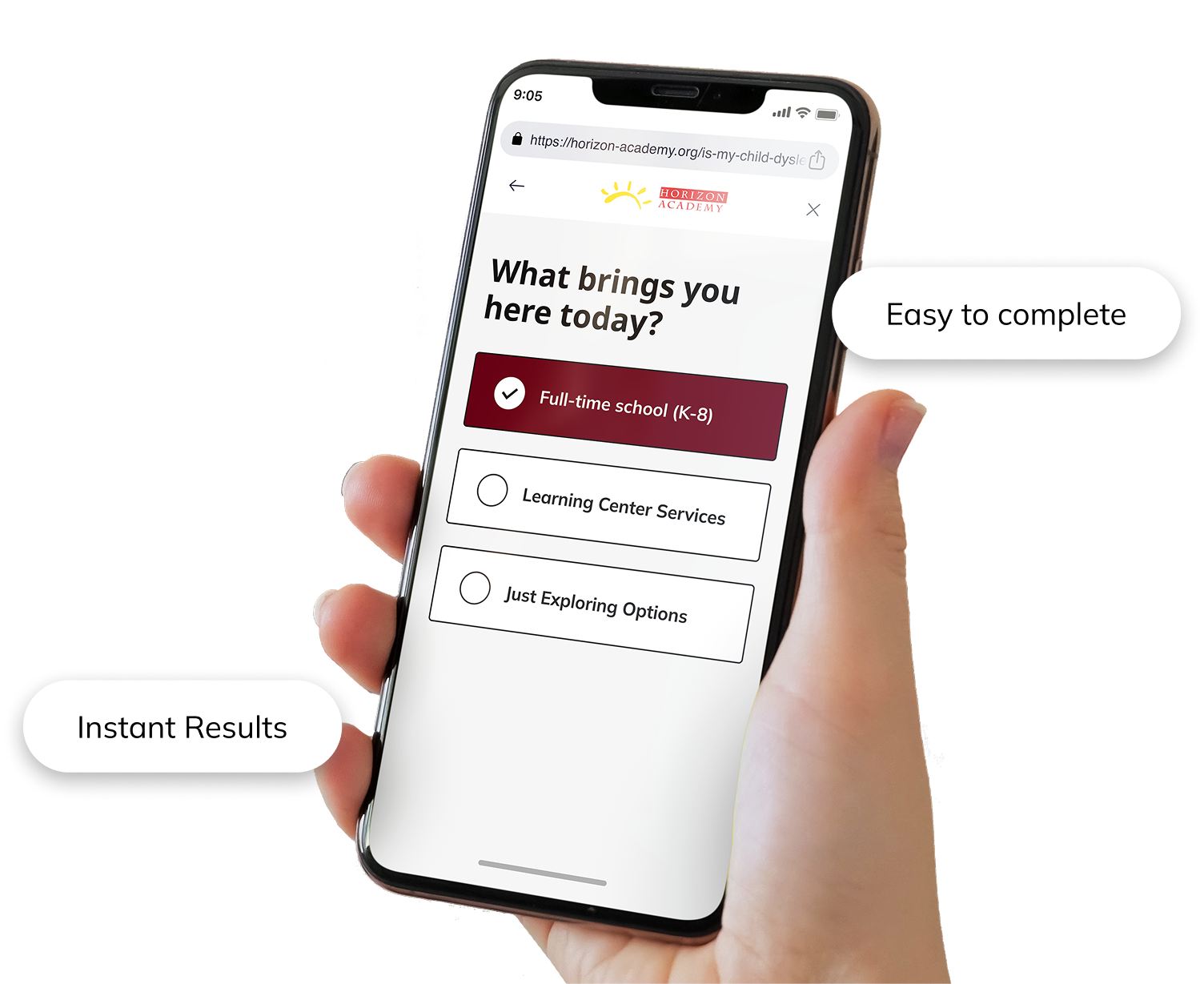Smartphone displaying the Horizon Academy contact form.