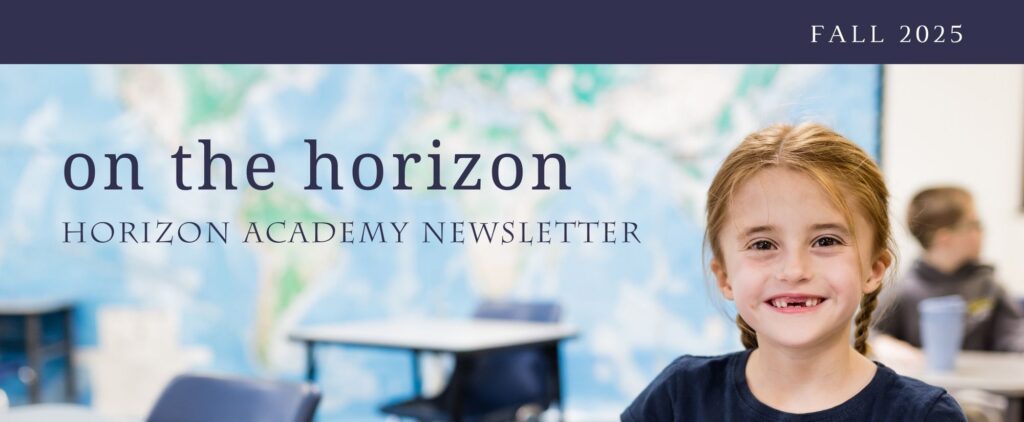 Newletter tite of "on the horizon: horizon academy newsletter" over the image of a student smiling with missing top teeth.