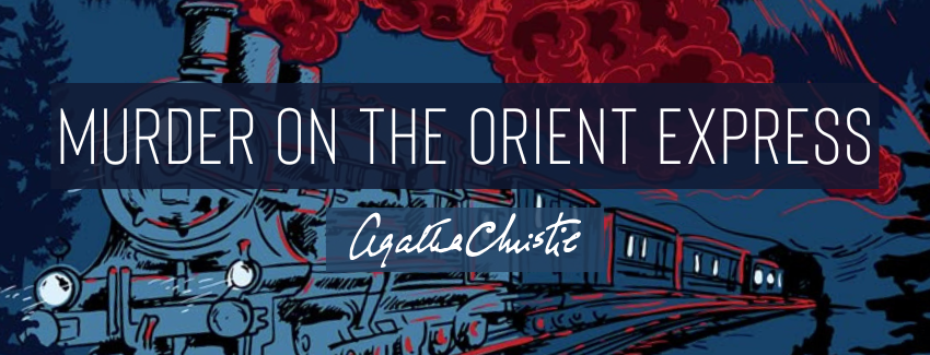 Sketched image of a train with the book title "Murder on the Orient Expres by Agatha Christie" over the top.