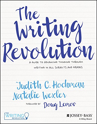 Book cover of "The Writing Revolution: A Guide to Advancing Thinking Through Writing in All Subjects and Grades" by Judith C. Hochman and Natalie Wexler, with a foreword by Doug Lemov. The cover features dark blue and light blue handwritten script on lined notebook paper background, with logos for "The Writing Revolution" and "Jossey-Bass A Wiley Brand" at the bottom.