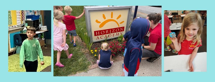 A photo collage set against a light blue background featuring three photos of young students at Horizon Academy. On the left, a boy in a long-sleeved green shirt stands in a classroom. In the center, several young children gather around an outdoor Horizon Academy sign surrounded by flowers. On the right, a young girl wearing a red Horizon Academy shirt smiles while holding up a small painted rock.
