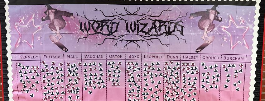 A purple "Word Wizards" classroom bulletin board. The top header shows skateboarding wizards and star icons flanking the central title "Word Wizards" written in a stylized, branch-like font. Below the header, a tracking chart is divided into vertical columns labeled with teacher names: Kennedy, Fritsch, Hall, Vaughan, Orton, Boxx, Leopold, Dunn, Halsey, Crouch, and Burcham. Each column is filled with small round stickers of wizard hats tracking student achievements.