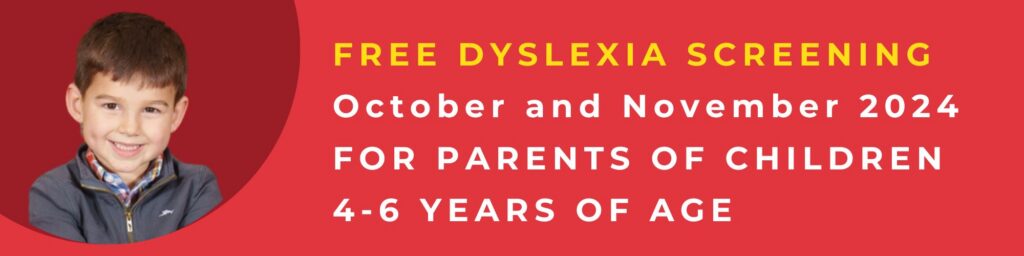 Promotional banner on a red background featuring a cutout photo of a smiling young boy on the left. The text on the right reads: "FREE DYSLEXIA SCREENING, October and November 2024, FOR PARENTS OF CHILDREN 4-6 YEARS OF AGE".