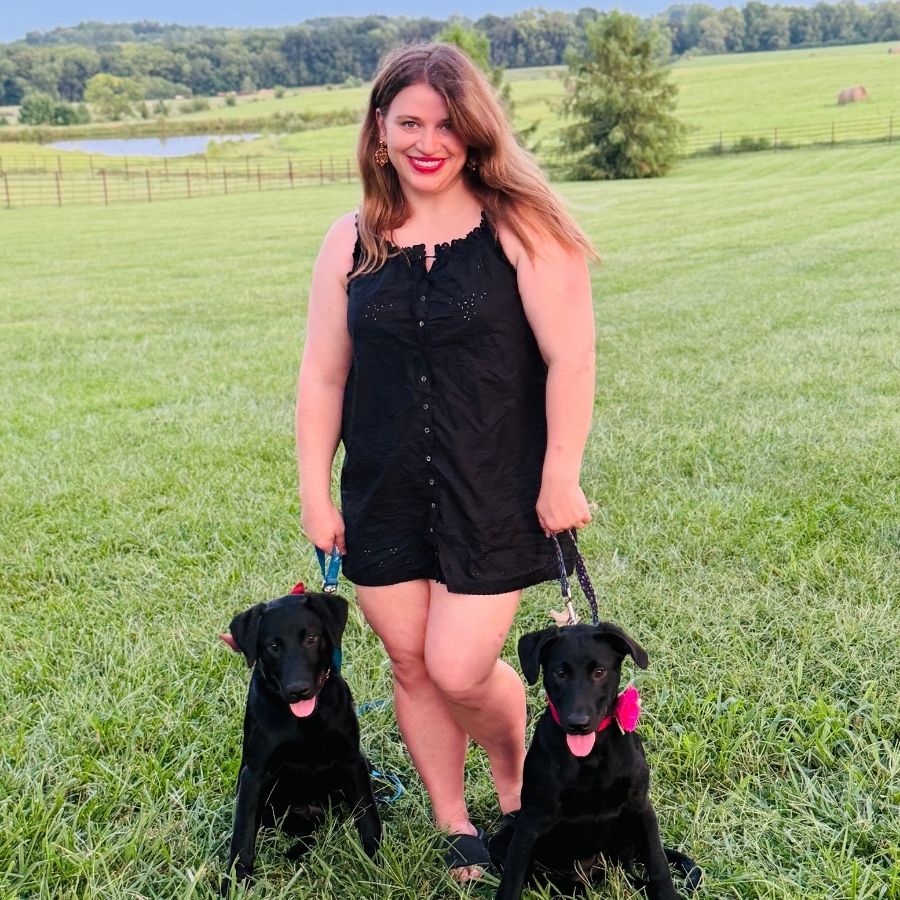 Person wearing a black dress standing in a field with two black puppy dogs.