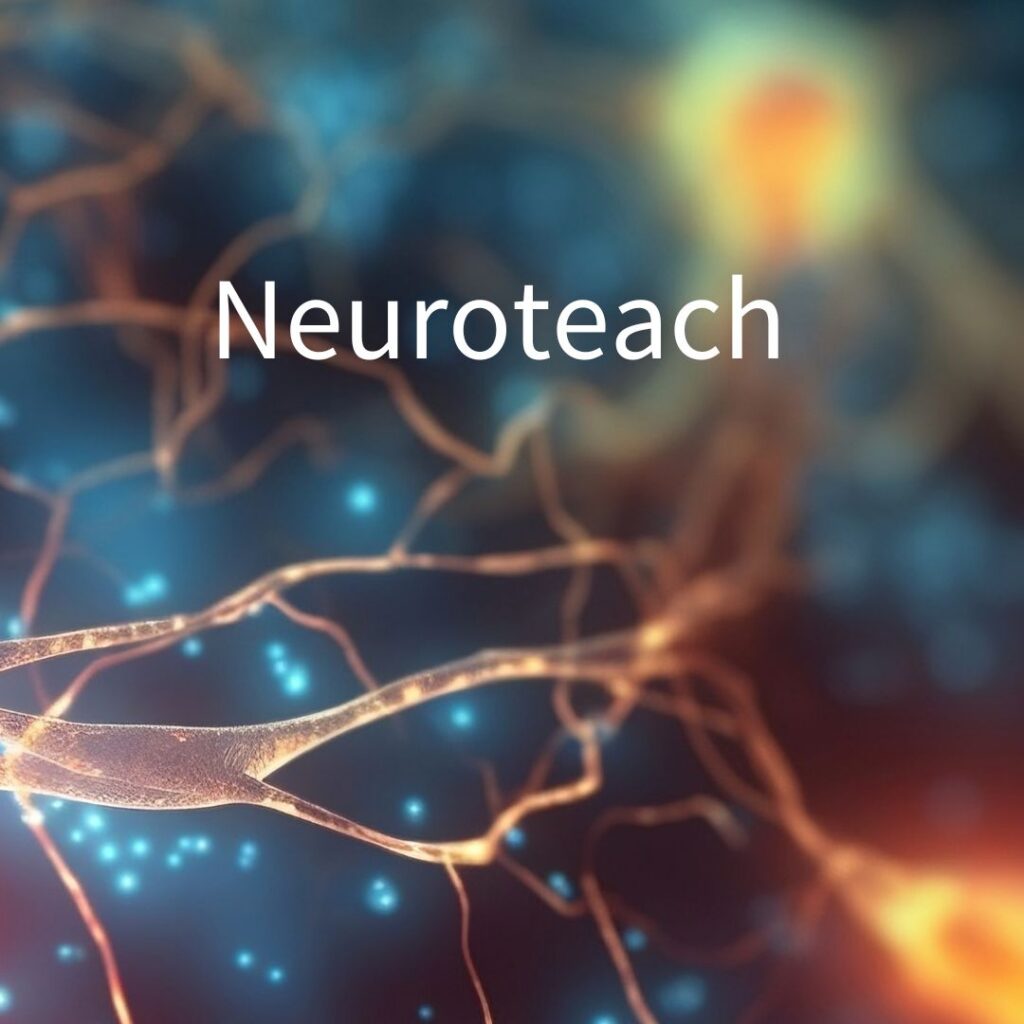 Square graphic featuring the word "Neuroteach" in white text centered over an abstract 3D background showing glowing neural pathways, synaptic connections, and bright blue light nodes.