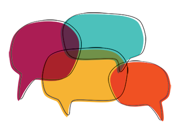 Illustration of four overlapping speech bubbles with thin black outlines in various colors: magenta, teal, yellow, and orange.