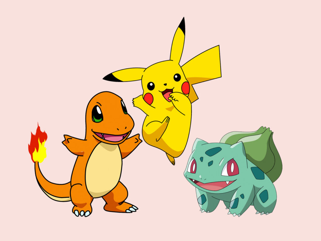 Illustration of three popular Pokémon characters against a light pink background: Charmander standing happily on the left with arms outstretched and a flame on its tail; Pikachu mid-air in a playful pose with black-tipped ears and red cheeks; and Bulbasaur on the right smiling with a plant bulb on its back.