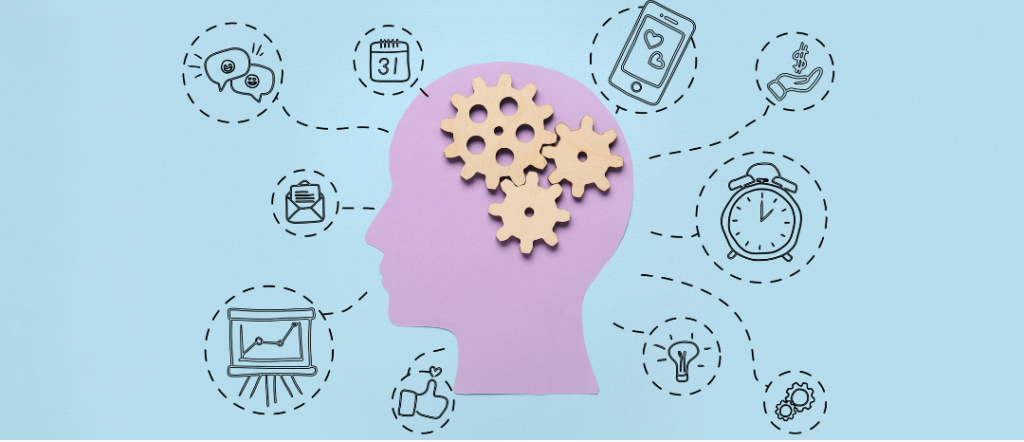 An graphic depicting working memory using a purple head with surrounding icons of a phone, calendar, clock, monitor, and light bulb.