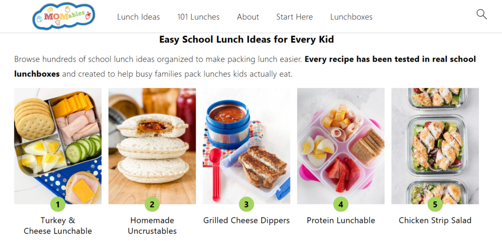 A screenshot of Momables homepage titled “Easy School Lunch Ideas for Every Kid” that features five different easy school lunch options. 