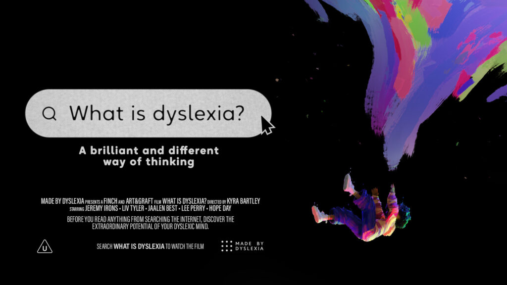 The movie poster of the What is dyslexia? film featuring a girl falling down with many colors trailing behind her.