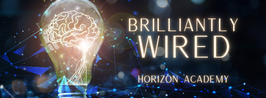 A glowing light bulb filled with a brain illustration shines beside “Brilliantly Wired” and “Horizon Academy,” over a blue digital network.
