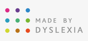 A clean Made By Dyslexia logo on a white background, with nine colorful dots beside large gray lettering; simple, modern, and upbeat.