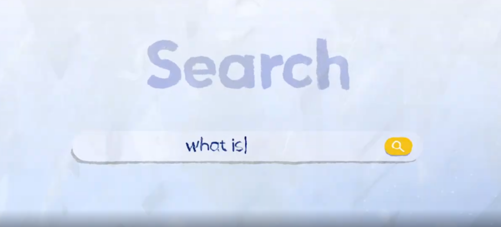 The What is dyslexia? film opening scene. It is a colored search screen with “Search” above a rounded search bar reading “what is,” with a yellow magnifying-glass button at right.